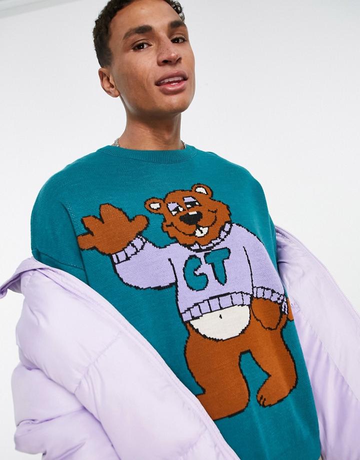 Crooked Tongues Oversized Sweater With Jacquard Pattern In Green