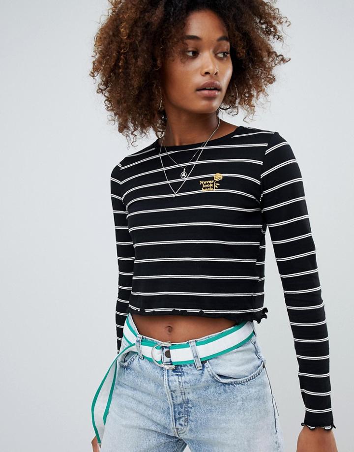 Pull & Bear Cropped Stripe Long Sleeve T-shirt In Black - Black