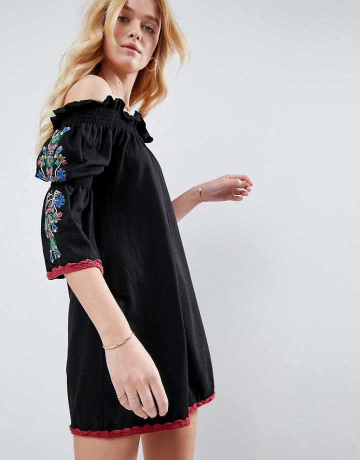 Asos Off Shoulder Sundress With Embroidered Sleeves - Black