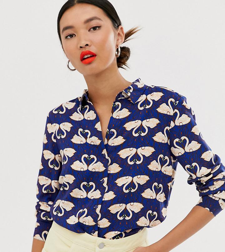 Monki Swan Print Long Sleeve Blouse In Deep Blue - Blue