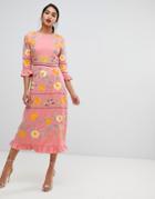 Asos Design Embroidered Midi Dress With Frill Cuff And Sleeves - Multi