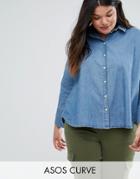 Asos Curve Denim Shirt With Batwing Sleeve In Mid Blue Wash - Blue