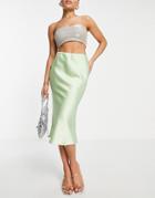 Miss Selfridge Satin Bias Cut Midi Skirt In Pastel Green