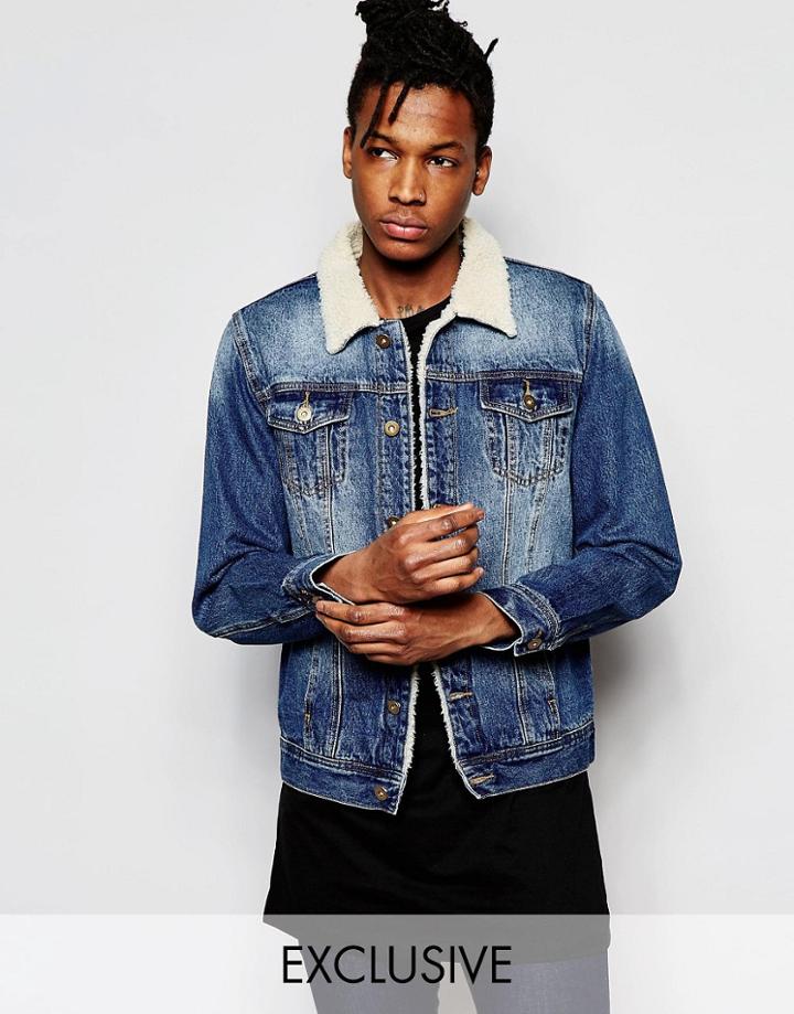 Liquor & Poker Fleece Collar Denim Jacket In Mid Indigo - Blue