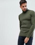 Asos Knitted Muscle Fit Ribbed Roll Neck Sweater In Khaki - Green