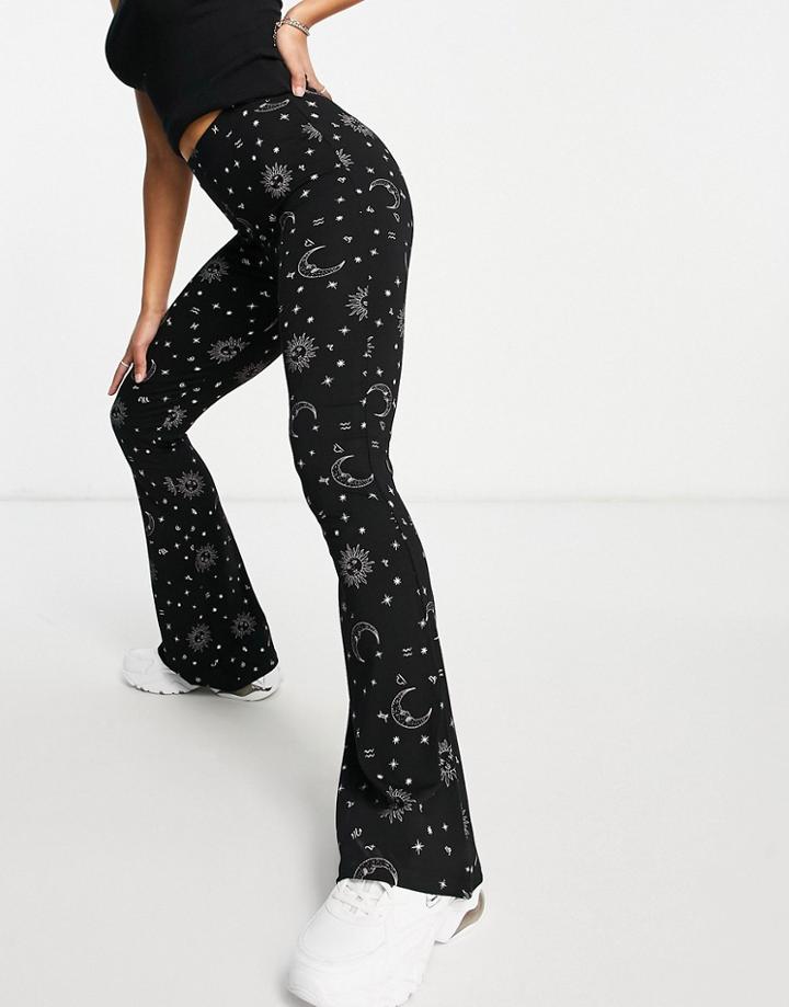 Asos Design Flare Pants In Mono Horoscope Print-multi