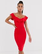 Vesper Bodycon Dress With Sweetheart Neckline With Frill In Red