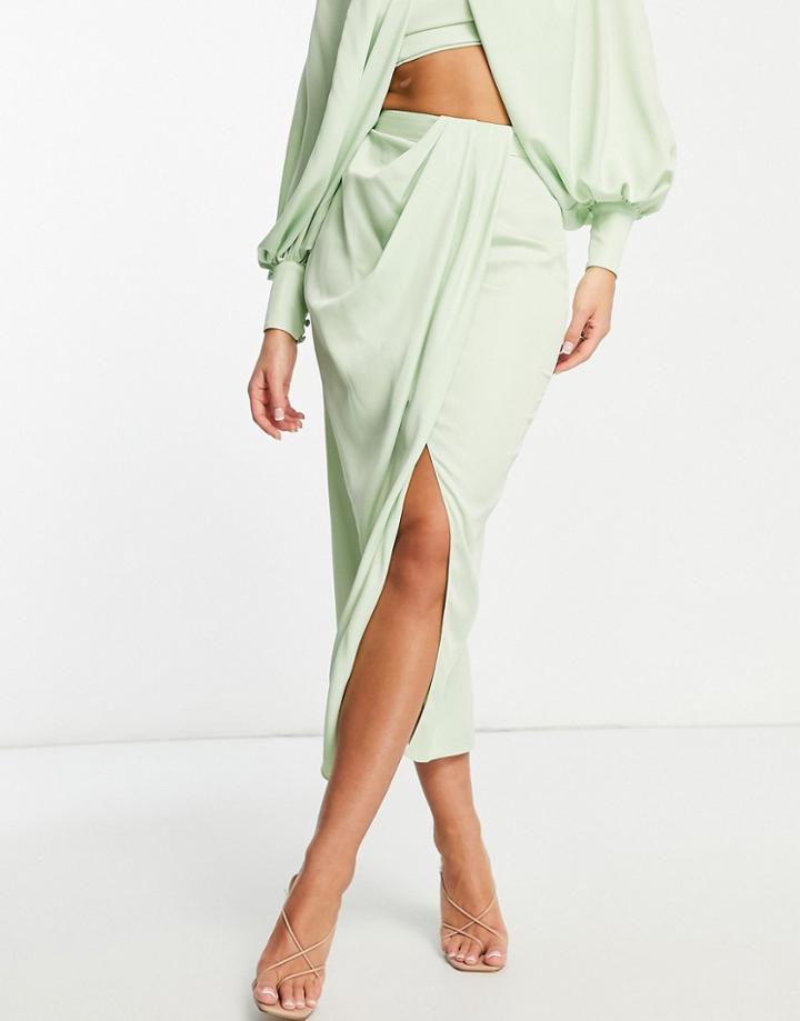 Asos Edition Satin Drape Front Midi Skirt In Green