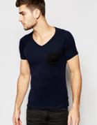 Replay T-shirt V-neck Contrast Pocket In Navy Melange - Navy Melange