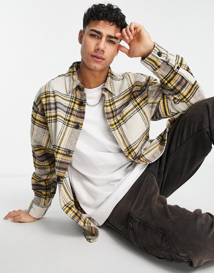 River Island Oversized Fit Checked Shirt In Ecru-neutral