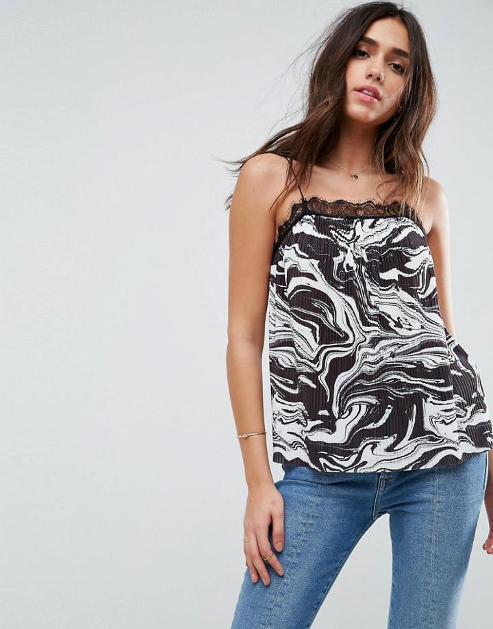 Asos Square Neck Cami With Lace Trim In Mono Marble Print - Multi