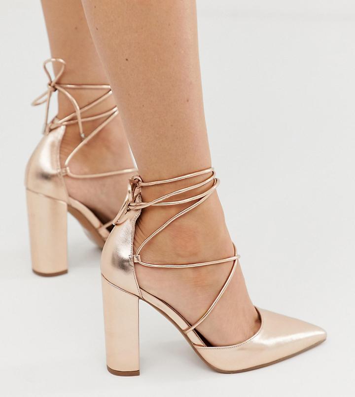 Asos Design Wide Fit Power Trip High Block Heels In Rose Gold