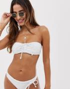 Asos Design Broderie Rope Detail Bandeau Bikini Top In White - White