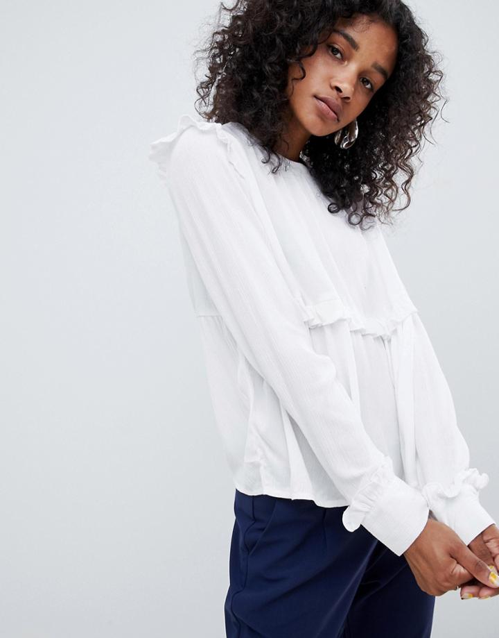 Unique 21 Long Sleeve Button Back Top With Frill - White