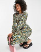 Asos Design Long Sleeve Open Back Midi Dress In Bright Floral Print-pink