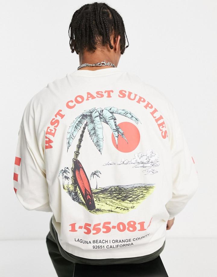 Asos Design Oversized Long Sleeve T-shirt In Cream With Back & Sleeve Prints-white