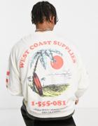 Asos Design Oversized Long Sleeve T-shirt In Cream With Back & Sleeve Prints-white