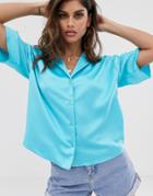 Asos Design Satin Bowling Shirt In Neon - Blue