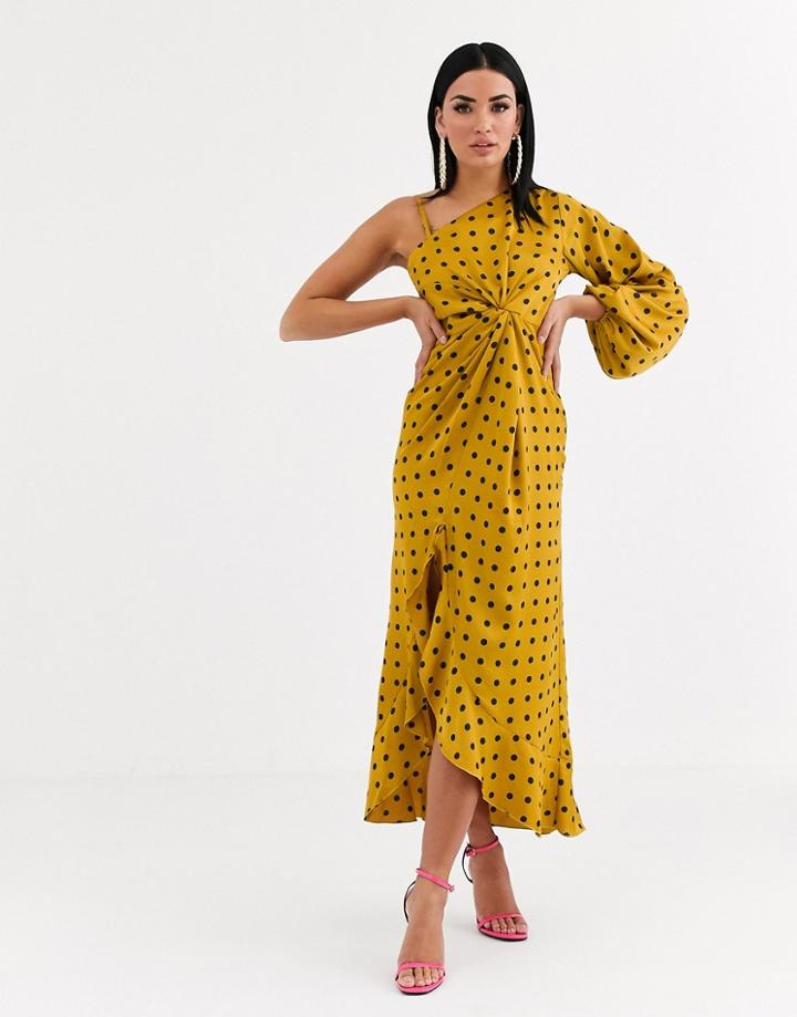 Forever U One Shoulder Satin Midi Dress In Polkdot