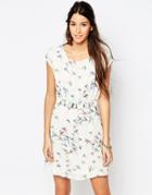 Pussycat London Belted Dress In Bird Print - Off White