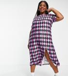 Urban Threads Plus Long T-shirt Dress In Diamond Check-purple