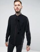 Asos Regular Fit Shirt In Black Viscose With Piping And Detachable Nec