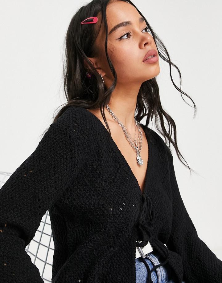 Topshop Knitted Tie Front Stitchy Cardigan In Black