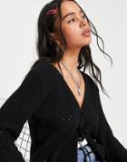 Topshop Knitted Tie Front Stitchy Cardigan In Black