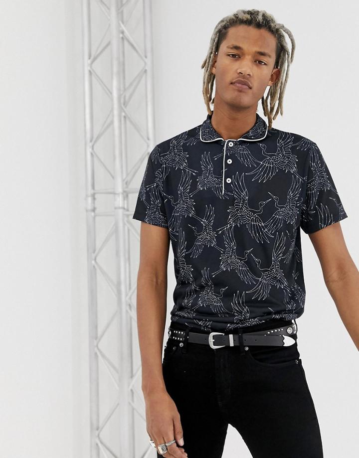 Asos Design Polo With All Over Print And Piping At Collar - Black
