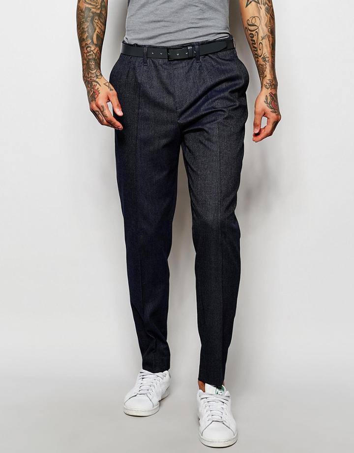 Asos Smart Trousers With Pleats And Side Zip In Navy - Navy