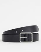 Asos Design Leather Slim Belt In Black With Silver Buckle