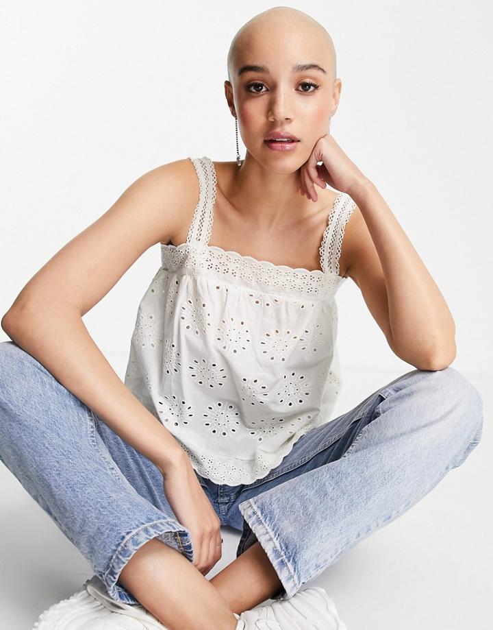 Asos Design Square Neck Eyelet Sun Top In Ivory-white