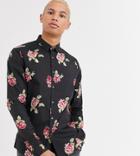 Asos Design Tall Slim Fit Shirt With Floral Print In Black