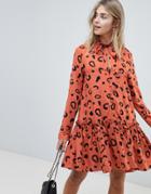 Asos Design Button Front Tie Neck Mini Smock Dress In Leopard Print - Multi