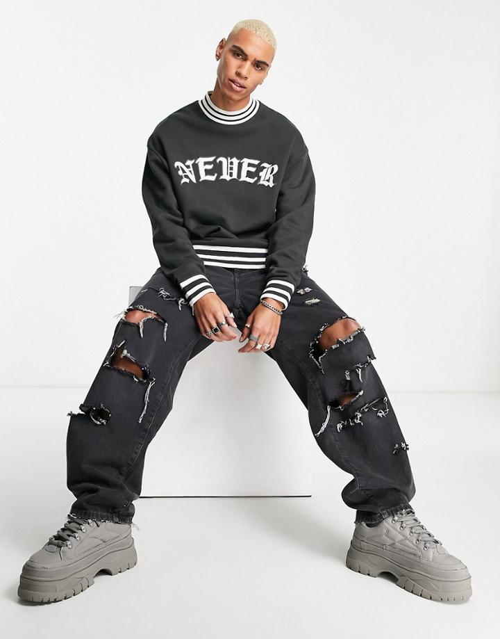 Asos Design Oversized Sweatshirt In Black With Gothic Text Print And Tipping
