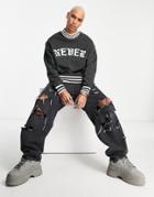 Asos Design Oversized Sweatshirt In Black With Gothic Text Print And Tipping