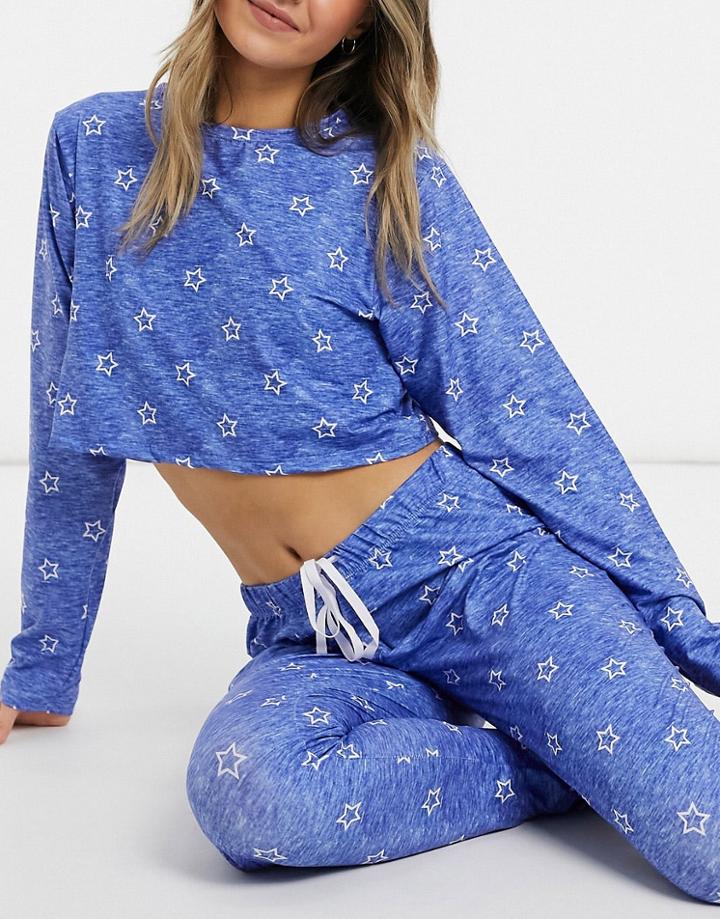 Loungeable Blue Star Cropped Long Sleeve Top With Leggings-blues