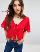 Asos Tie Front Blouse With Frill Sleeve - Red