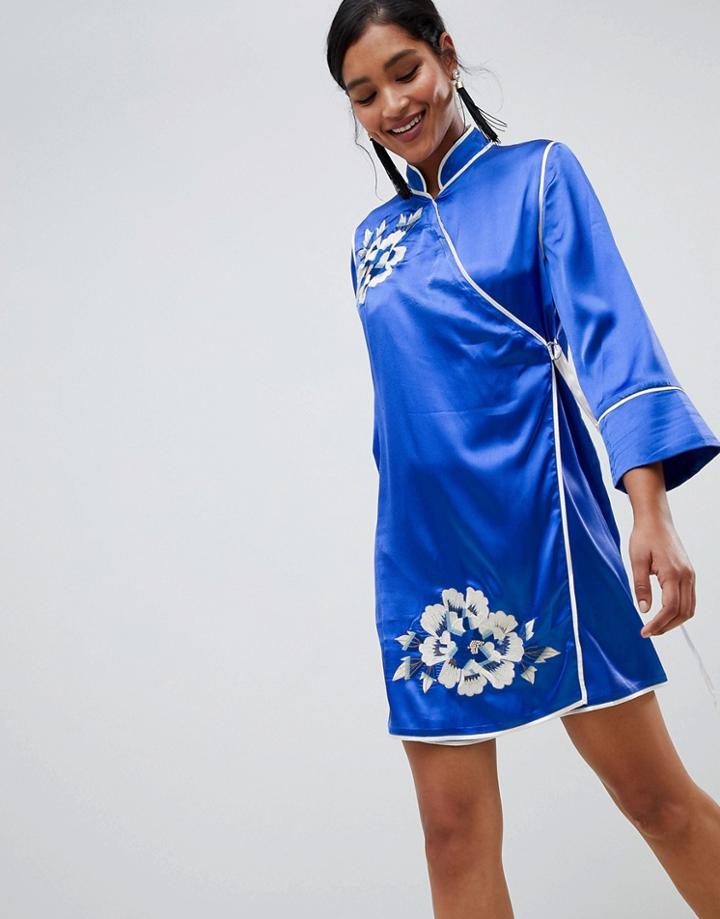 Asos Design Chinoiserie Wrap Embroidered Mini Dress - Blue