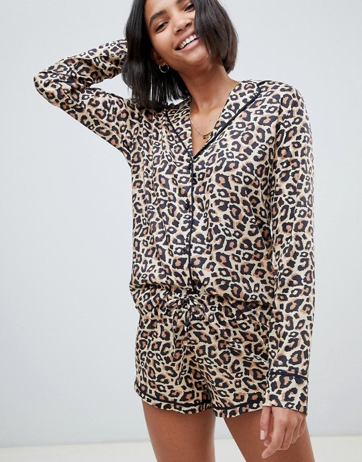 Asos Design Animal Pyjama Shirt And Short Set In 100% Modal - White