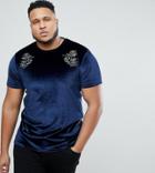 Asos Plus T-shirt With Floral Embroidery In Velour - Navy