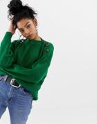 Blend She Felise Knit Sweater With Buttoned Shoulder - Green