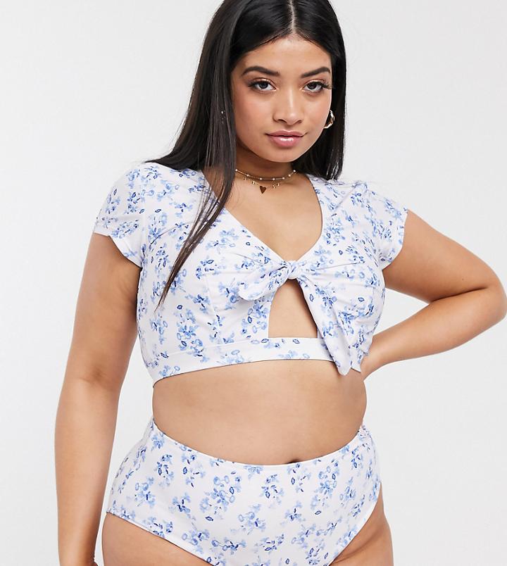 Peek & Beau Curve Exclusive T Shirt Bikini Top In Floral Ditsy-multi