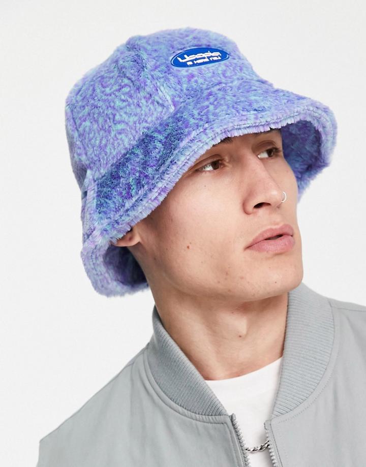 Asos Design Bucket Hat In Blue And Purple Fur With Rubber Patch-multi