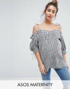 Asos Maternity Cold Shoulder Top With Tie Shoulder In Gingham - Multi