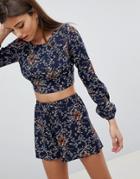 Club L Printed Crop Top With Bow Tie Up Back - Navy