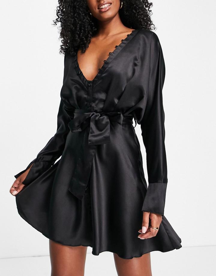 Asos Design Satin Batwing Mini Dress With Button Front Detail And Tie Front In Black