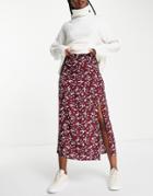 Asos Design Midi Skirt With Thigh Split In Burgundy Floral Print-multi