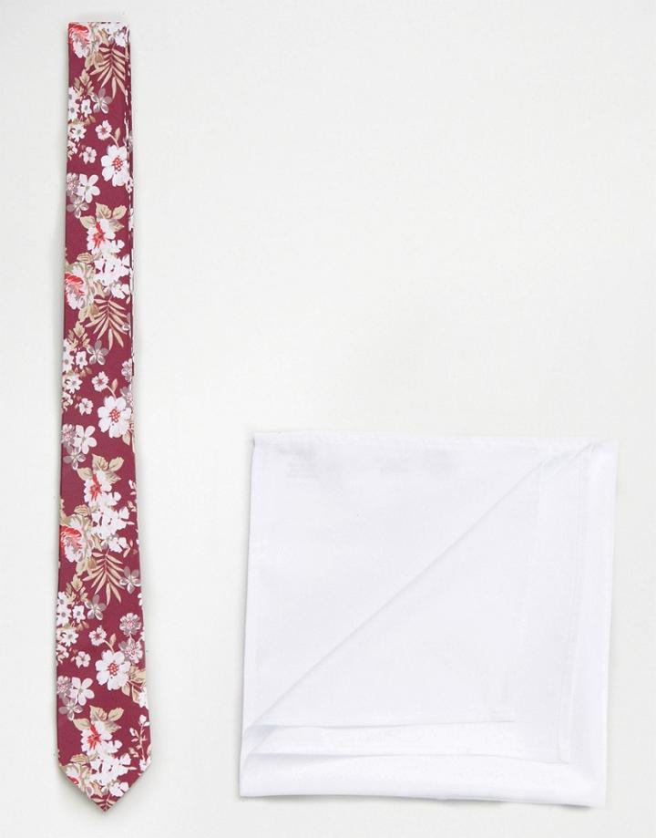 Asos Pink Floral Tie With White Pocket Square - Pink
