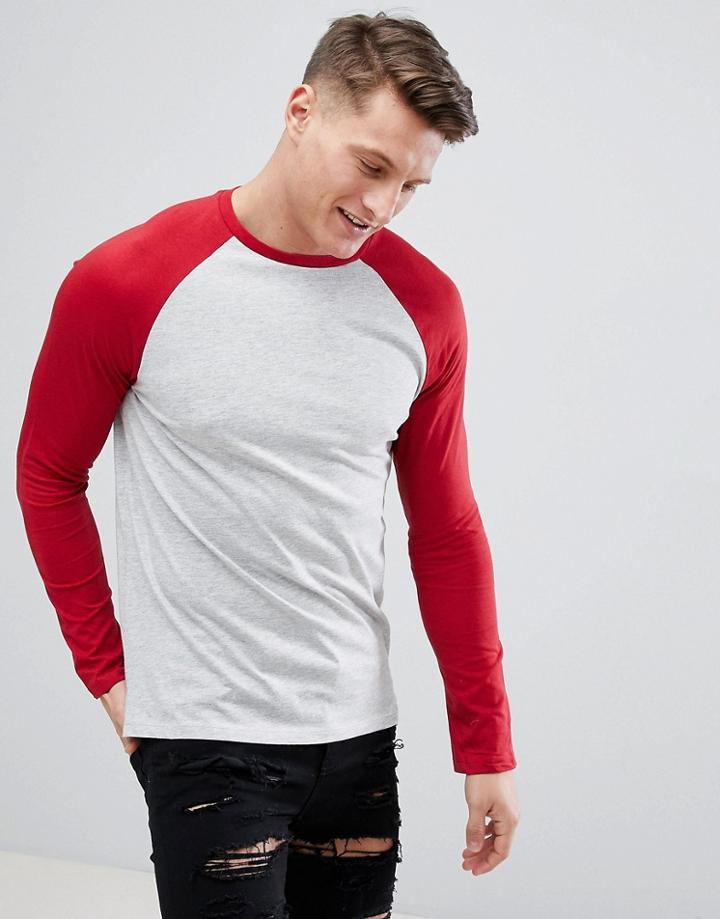 Bershka Raglan Baseball Long Sleeves T-shirt In Red - Gray
